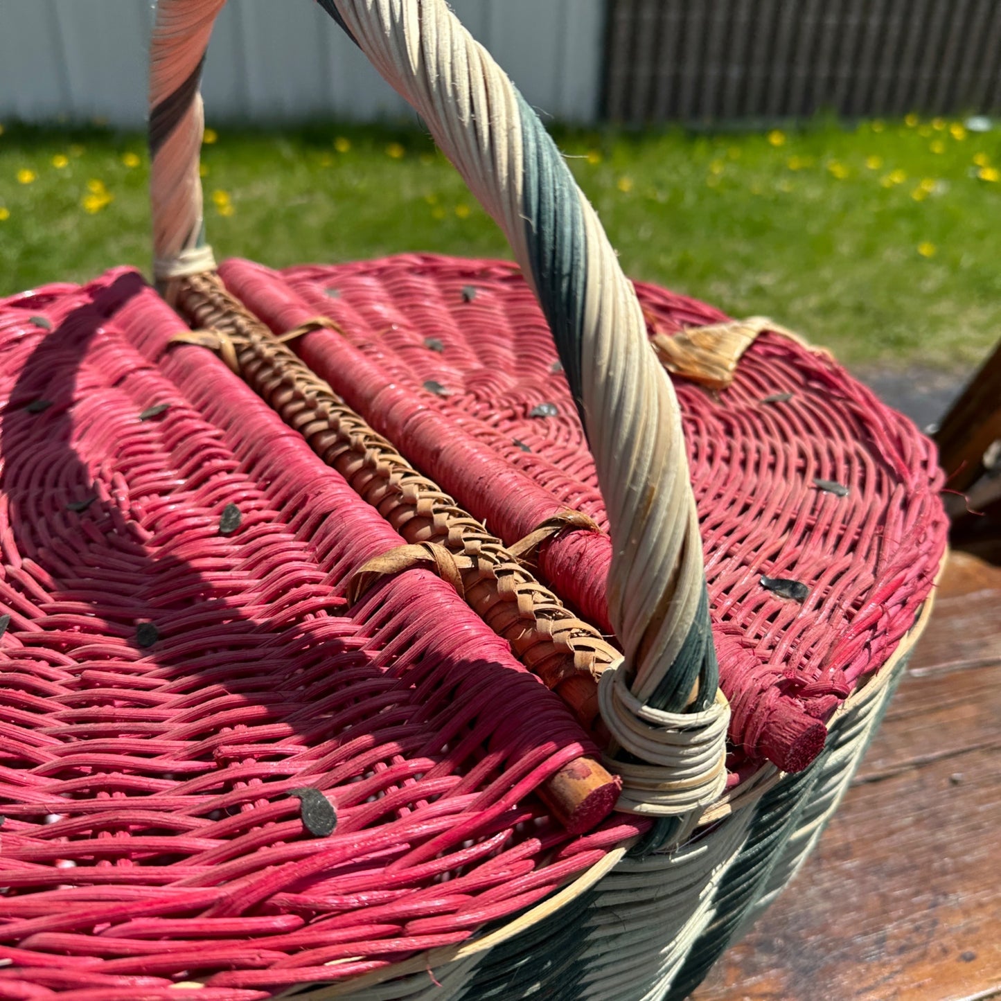 VIntage Folk Art Watermelon Wicker Picnic Basket Rounded