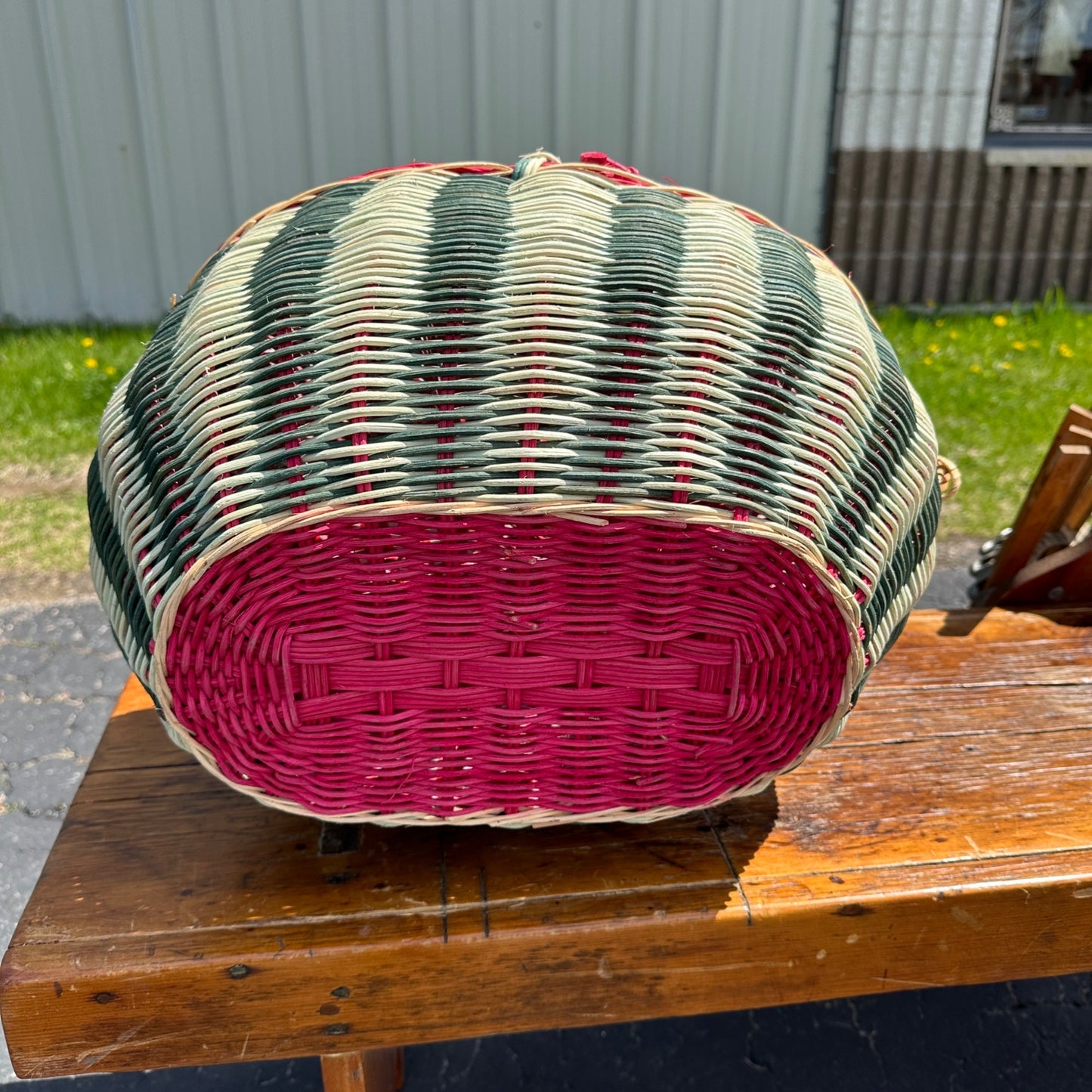 VIntage Folk Art Watermelon Wicker Picnic Basket Rounded