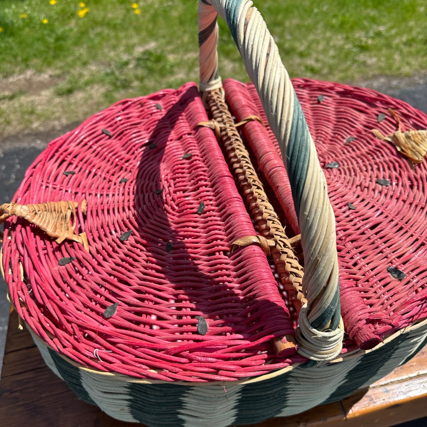 VIntage Folk Art Watermelon Wicker Picnic Basket Rounded