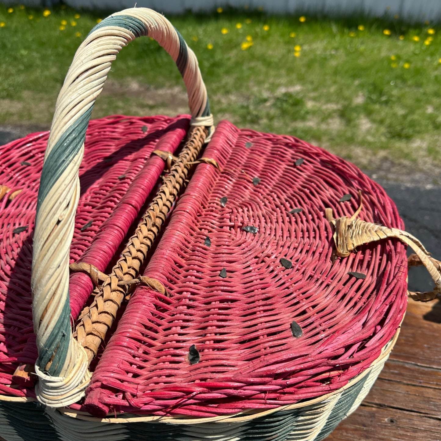 VIntage Folk Art Watermelon Wicker Picnic Basket Rounded