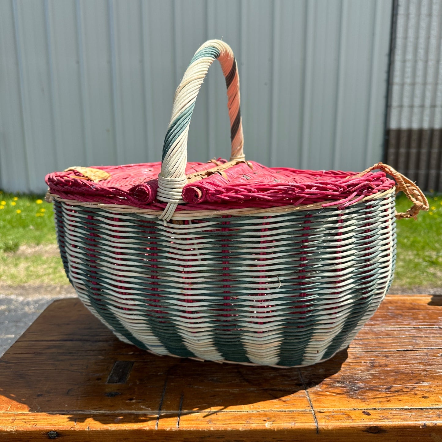 VIntage Folk Art Watermelon Wicker Picnic Basket Rounded