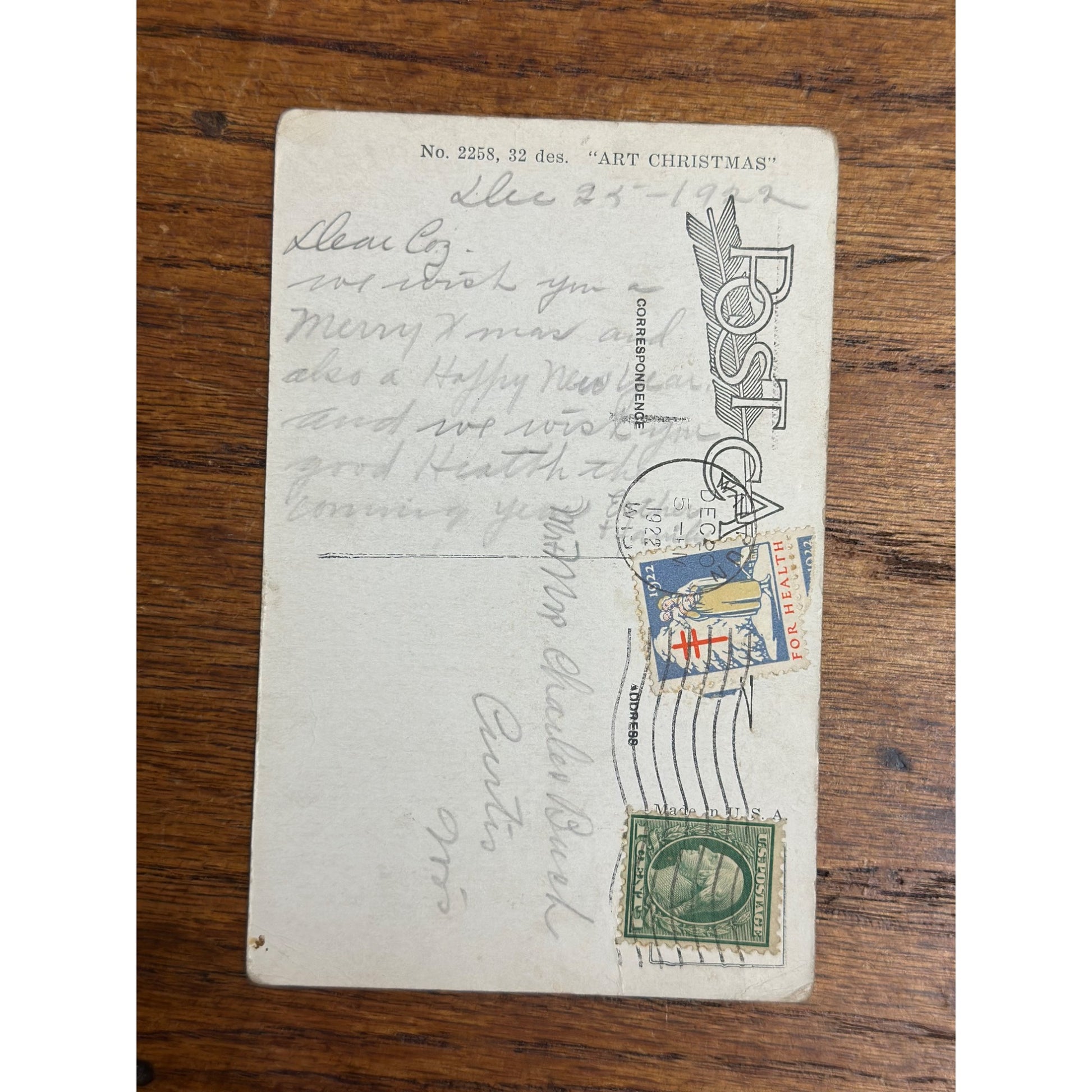 Vintage 1922 Christmas Postcard w/ Christmas Seal Tied American Red Cross