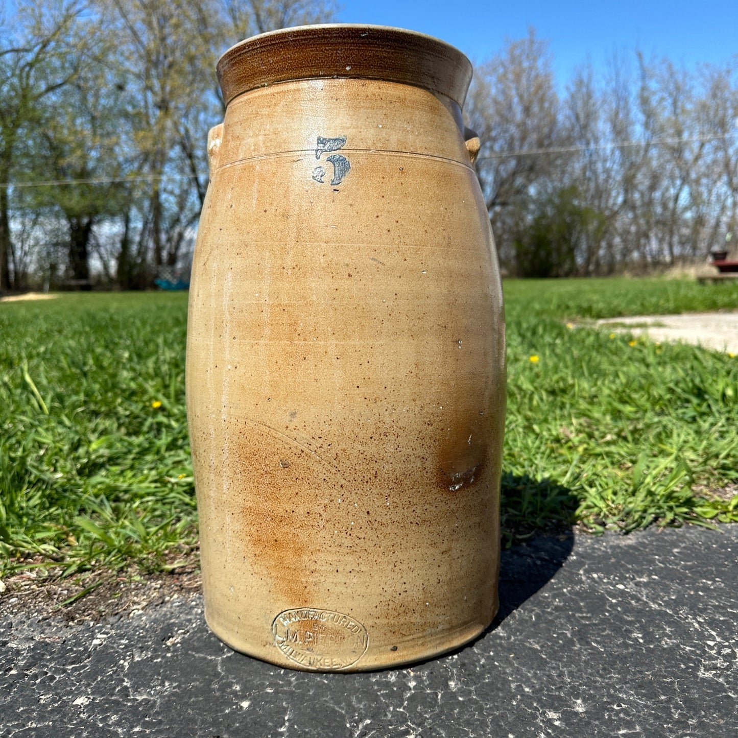 Antique Pierron Milwaukee WI 5 Gallon Salt Glaze Stoneware Churn Crock Wisconsin
