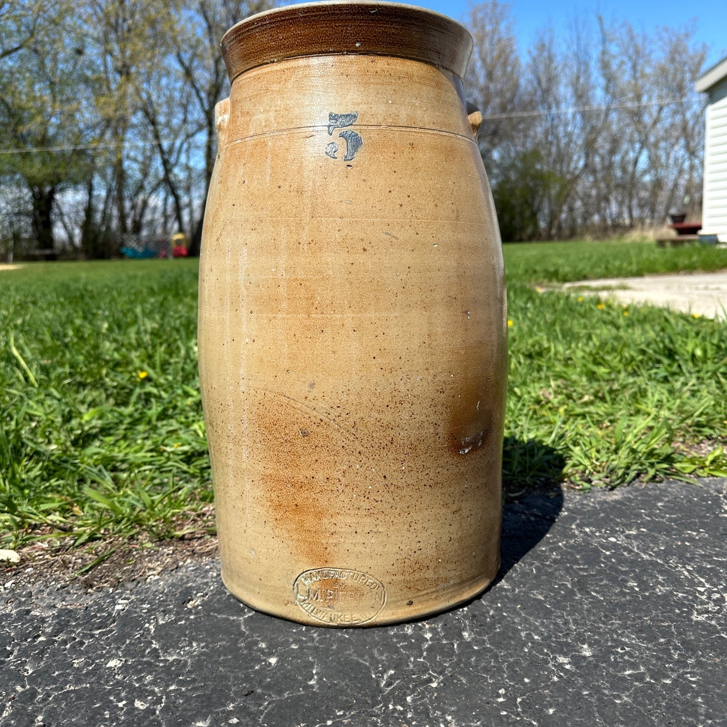 Antique Pierron Milwaukee WI 5 Gallon Salt Glaze Stoneware Churn Crock Wisconsin