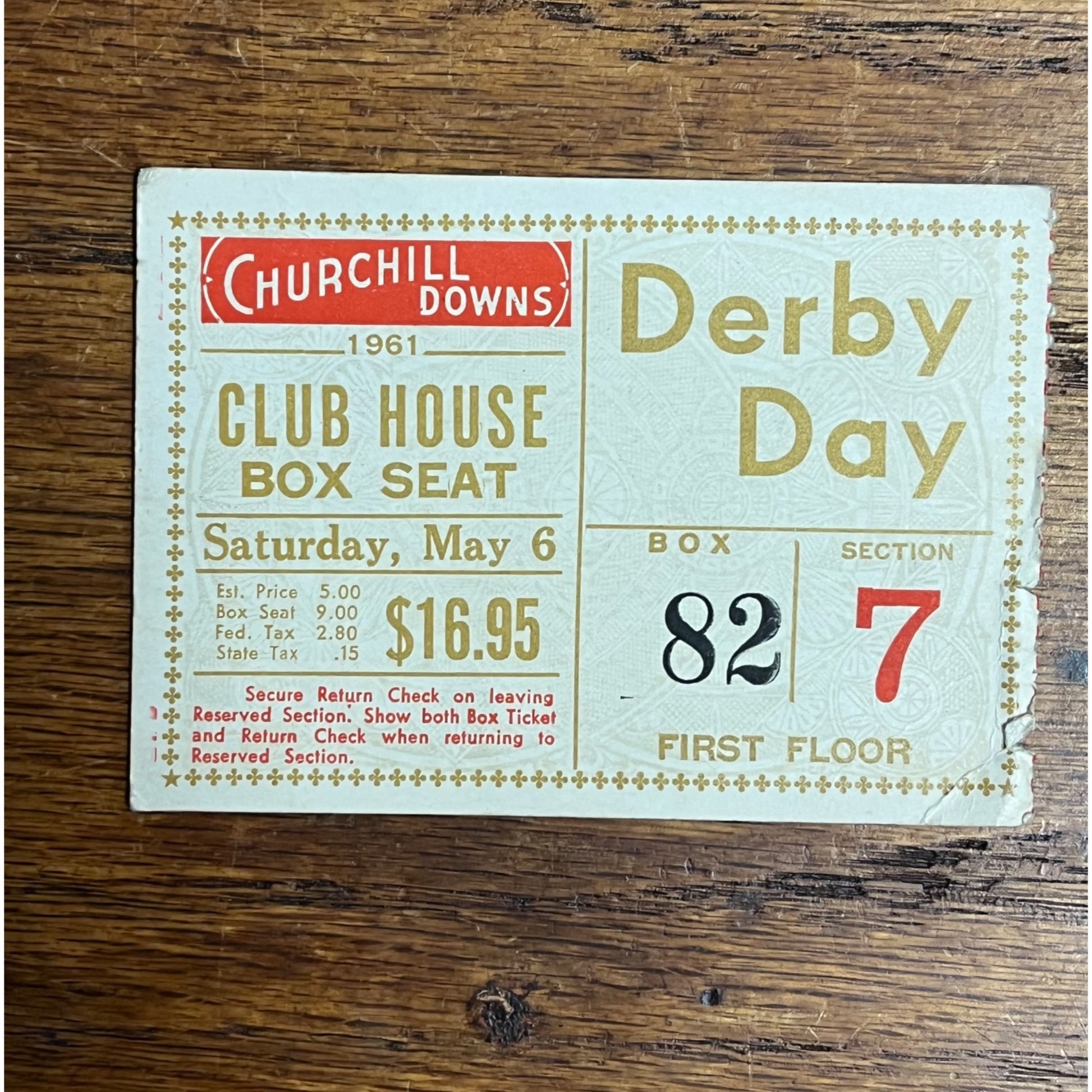 Original 1961 Churchill Downs Kentucky Derby Clubhouse Box Seat Ticket Vintage