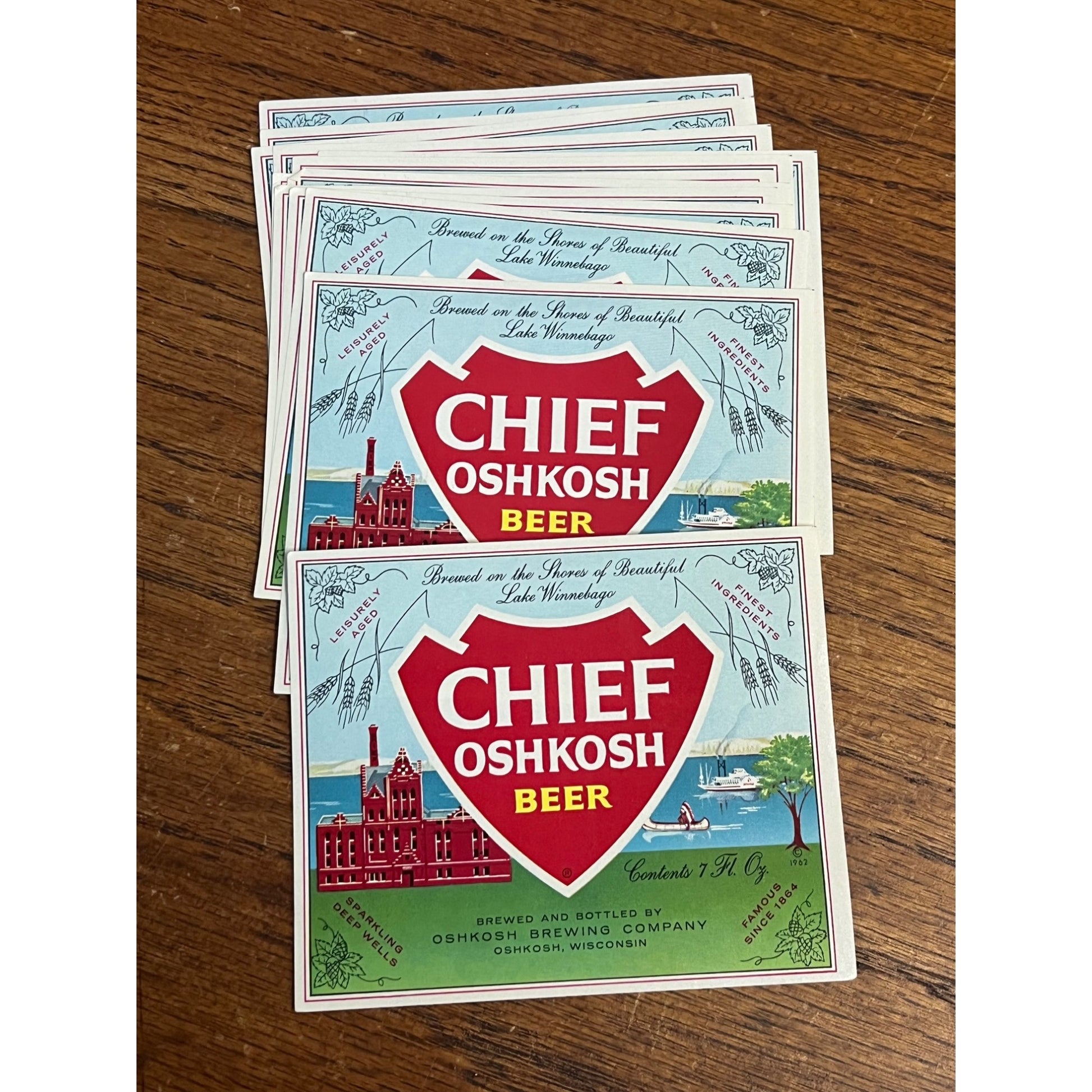 Vintage Lot (12) Chief Oshkosh 7oz 1962 Beer Labels Wisconsin
