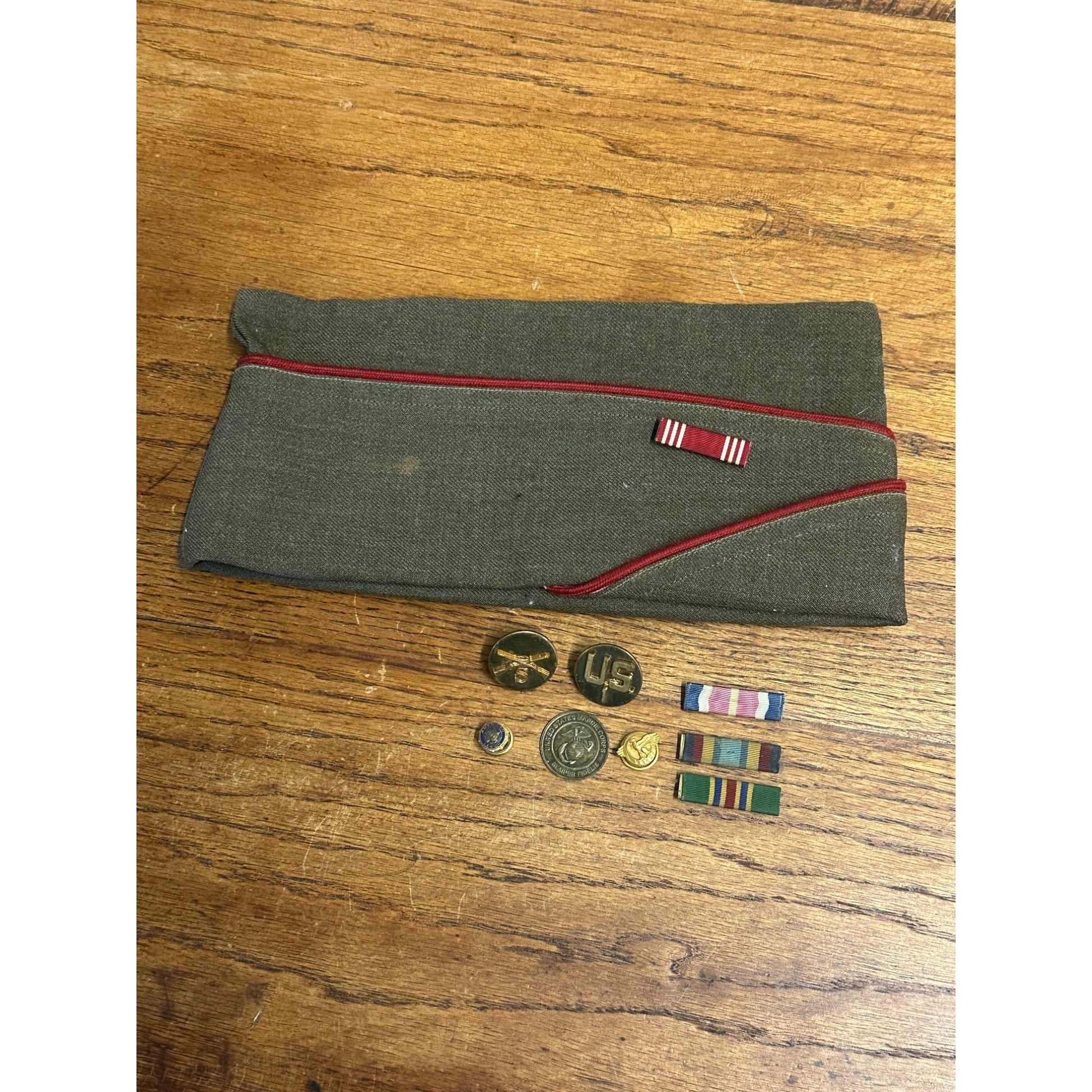 Vintage WWII Era Garrison Cap & Service Medals, Pins, Ribbons, Badges