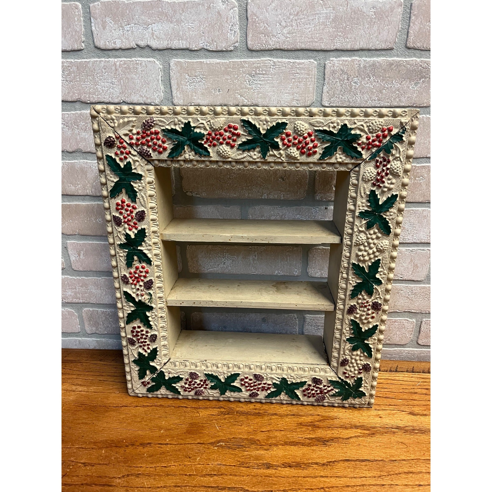 Antique 1900s Victorian Christmas Holly Shadow Wooden Wall Shelf