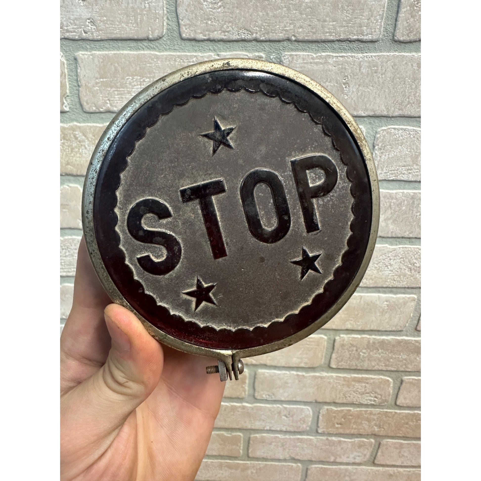 Vintage 1920s Automobile STOP Glass Break Light Sign License Plate Topper Truck