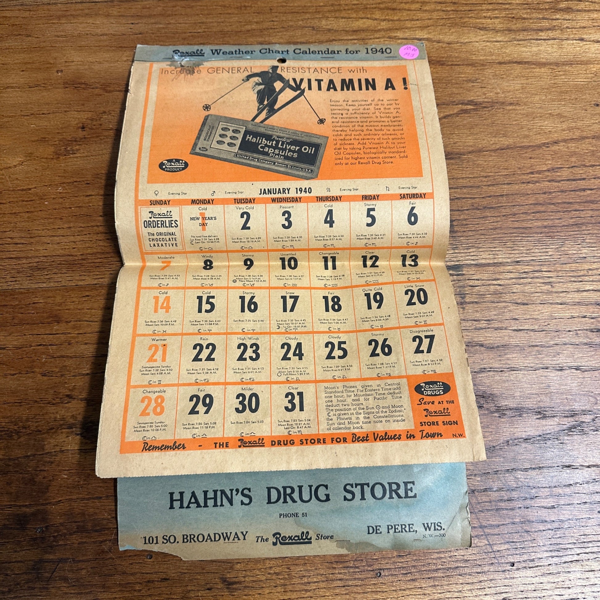 1940 Hahn's Drug Store Advertising Calendar De Pere Wisconsin Pharmacy