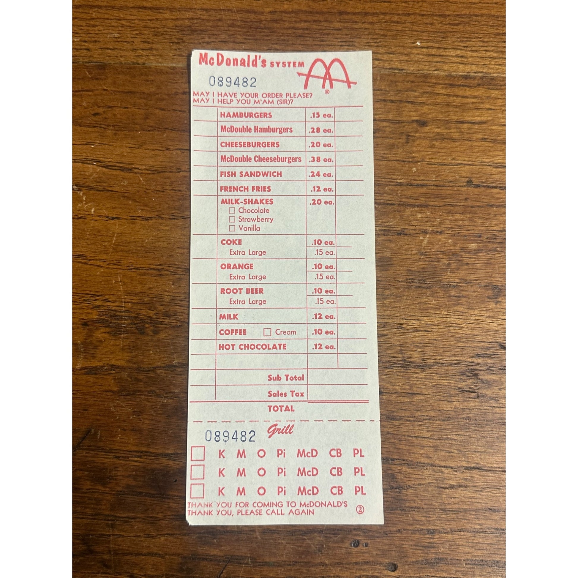 RARE Vintage 1960s McDonalds System Food Order Paper Receipt Slash M Logo