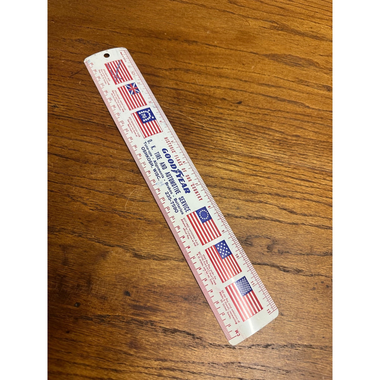 Vintage 1970s Goodyear Tires Advertising Tin Metal Litho Ruler w/ US Flags