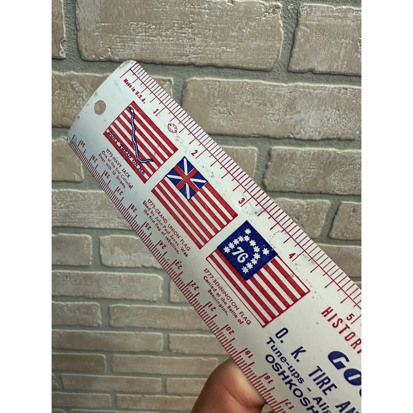 Vintage 1970s Goodyear Tires Advertising Tin Metal Litho Ruler w/ US Flags