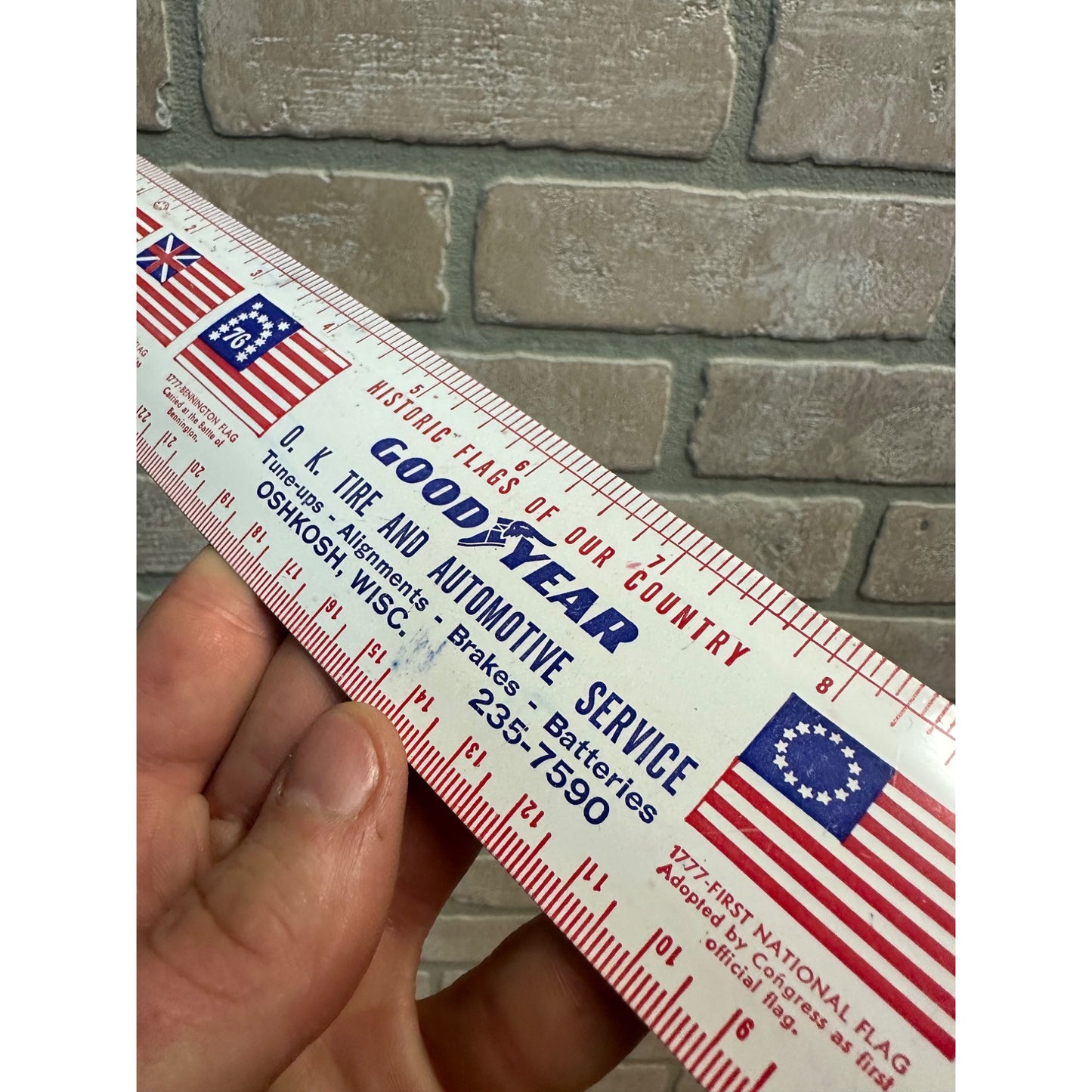 Vintage 1970s Goodyear Tires Advertising Tin Metal Litho Ruler w/ US Flags
