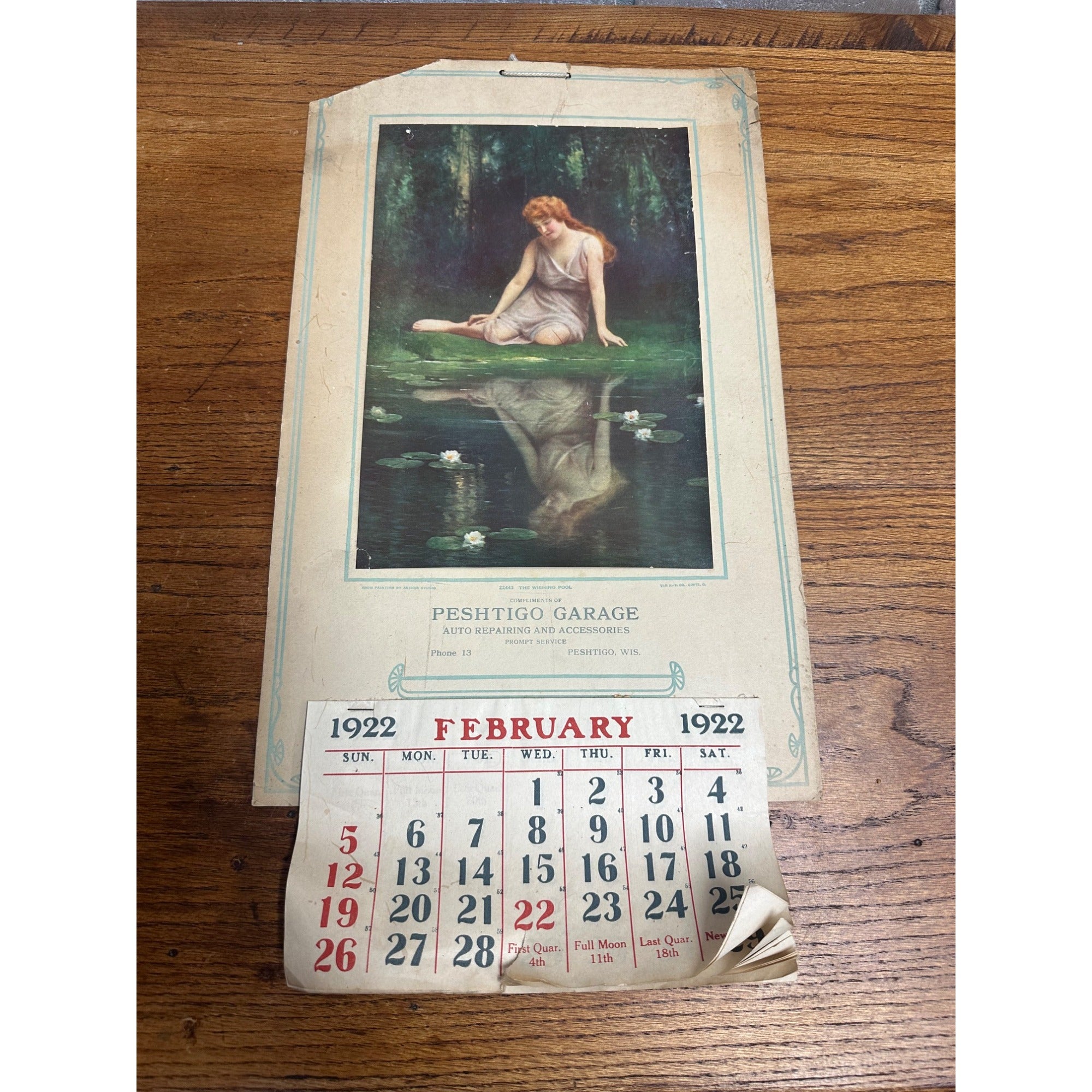 Vintage 1922 Peshtigo Auto Garage Advertsing Calendar Sign Wisconsin Wis