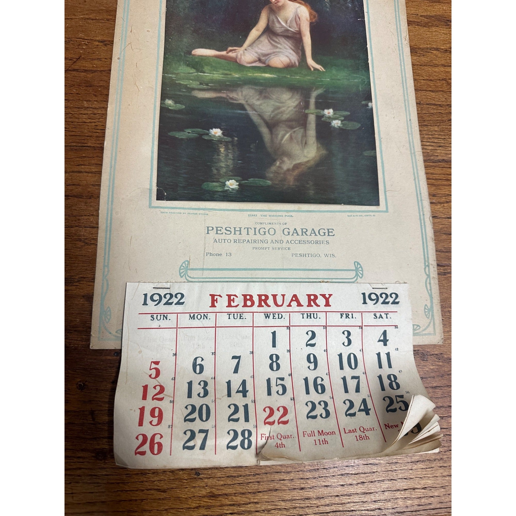 Vintage 1922 Peshtigo Auto Garage Advertsing Calendar Sign Wisconsin Wis