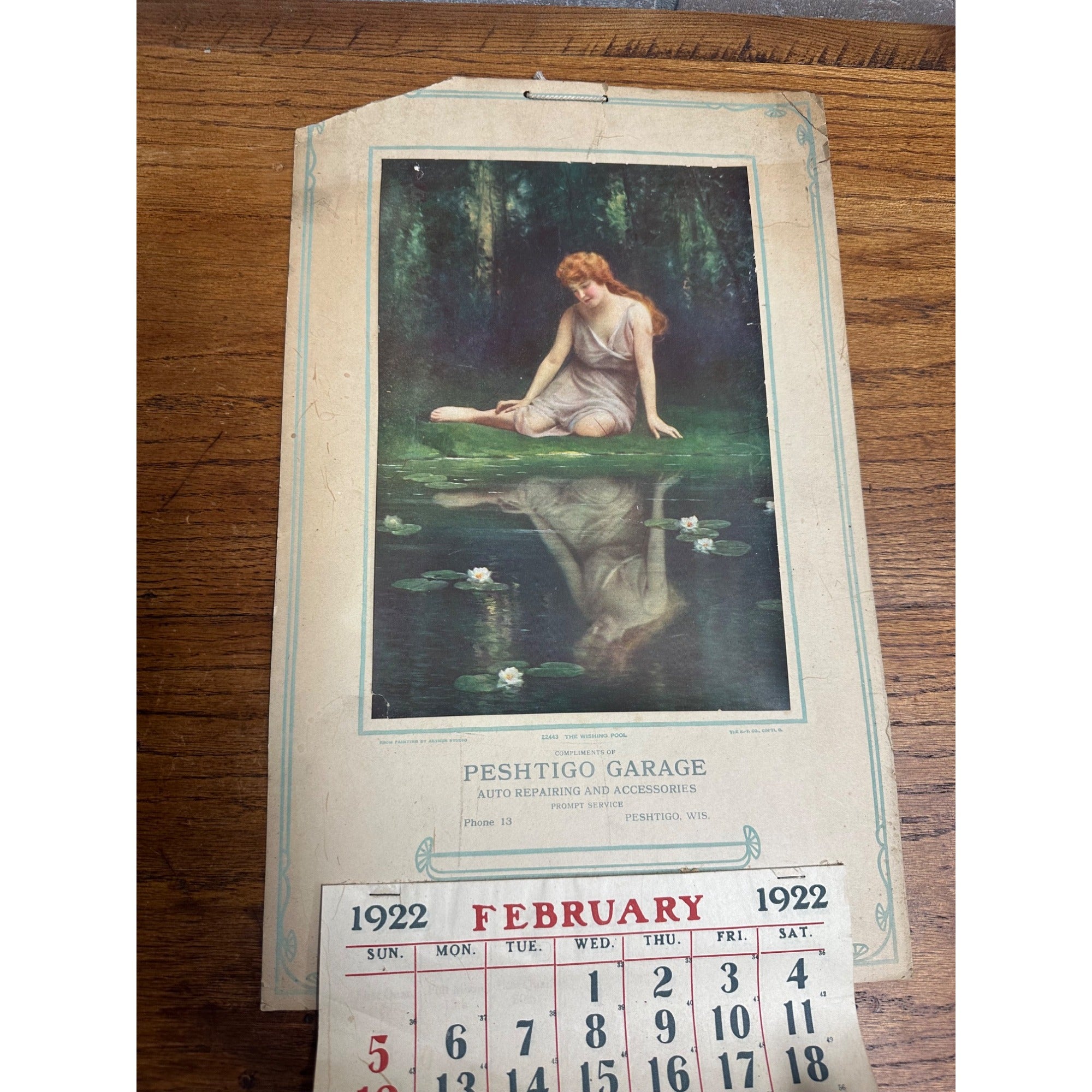 Vintage 1922 Peshtigo Auto Garage Advertsing Calendar Sign Wisconsin Wis