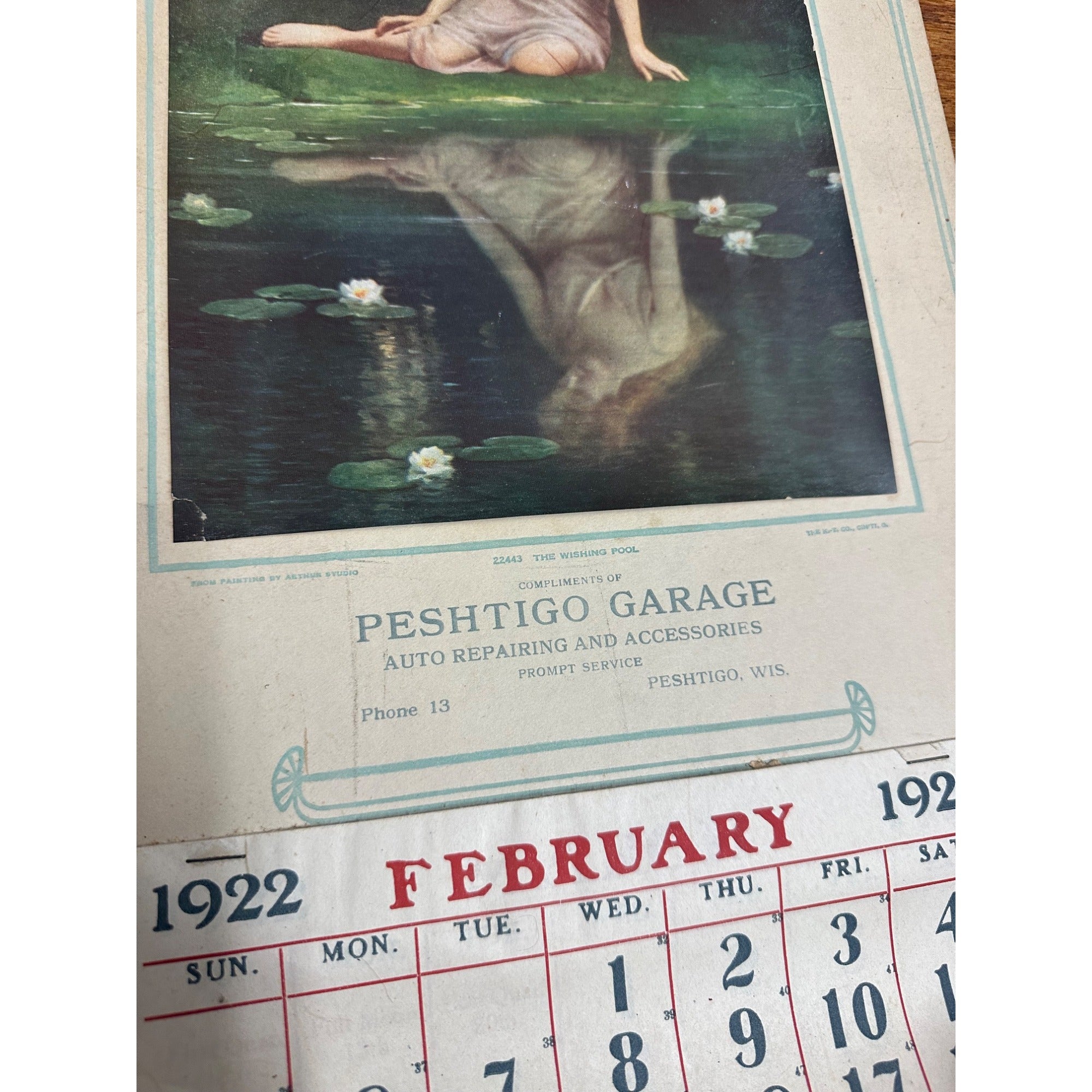 Vintage 1922 Peshtigo Auto Garage Advertsing Calendar Sign Wisconsin Wis