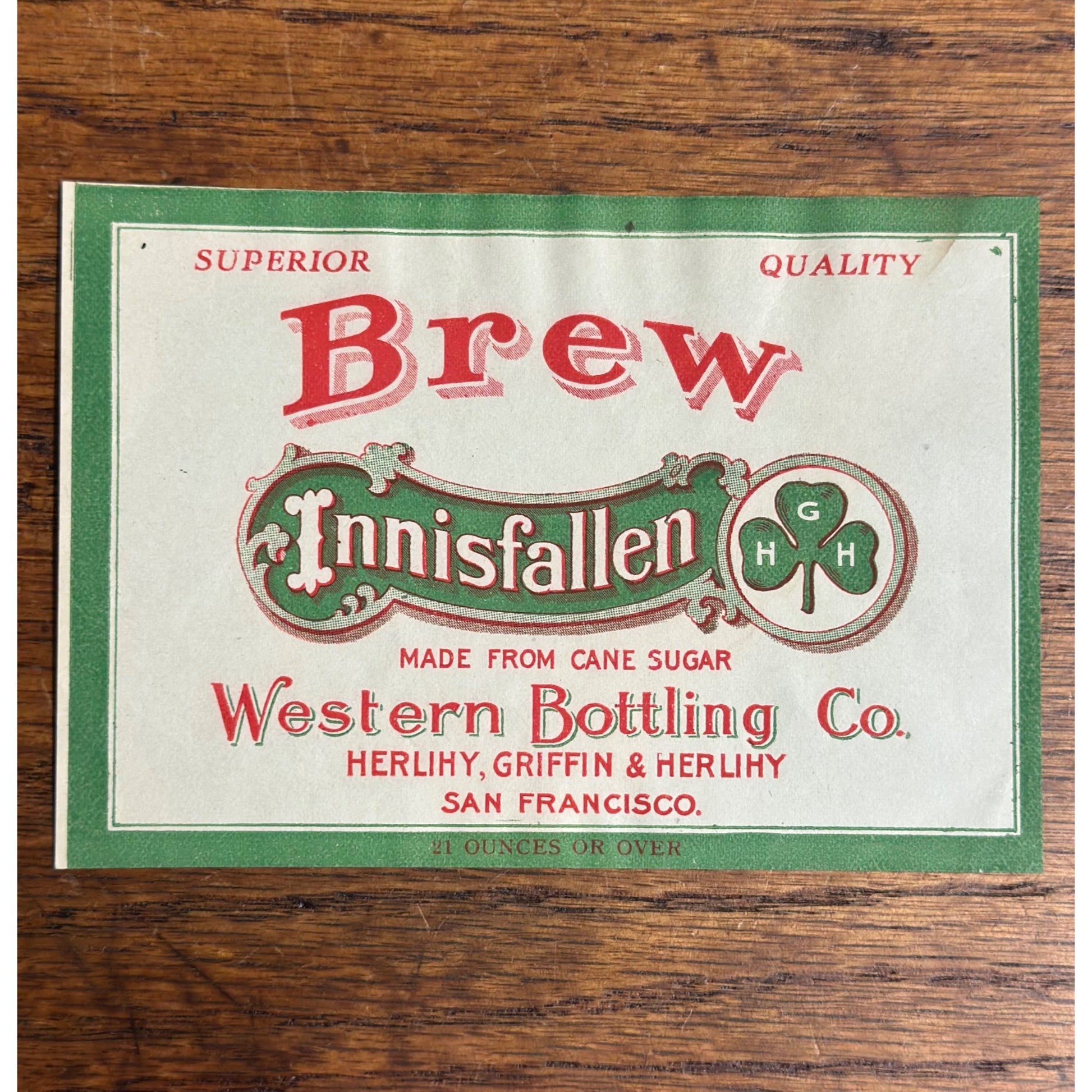 Vintage Innisfallem Brew Bottle Label Western Bottling San Francisco CA