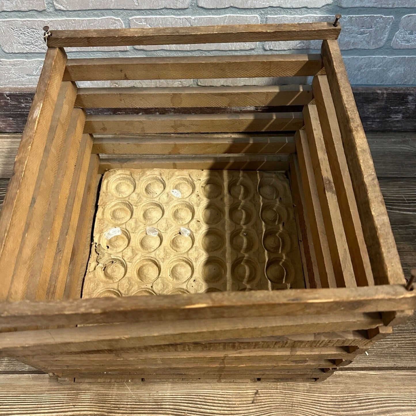 Antique Primitive Wood Slat Egg Crate Holder w/ Insert