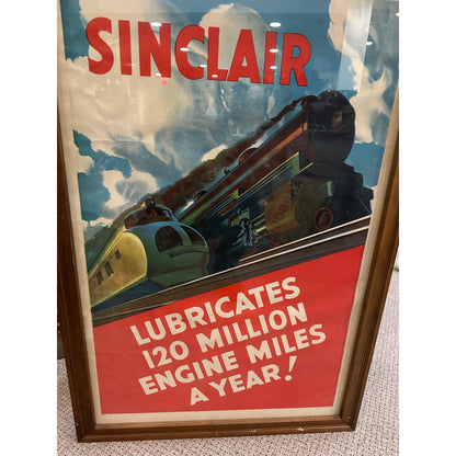RARE Vintage 1930s Sinclair Oil Lubricants Advertising Framed Sign Poster Trains