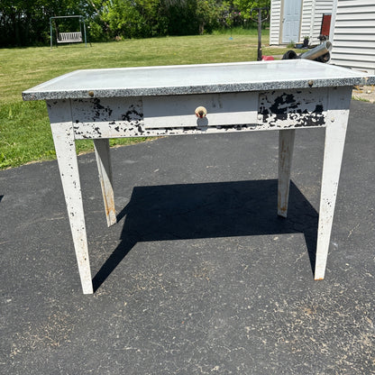 Vintage White Enamel Top Metal Kitchen Accent Table Gardening  Planting Table