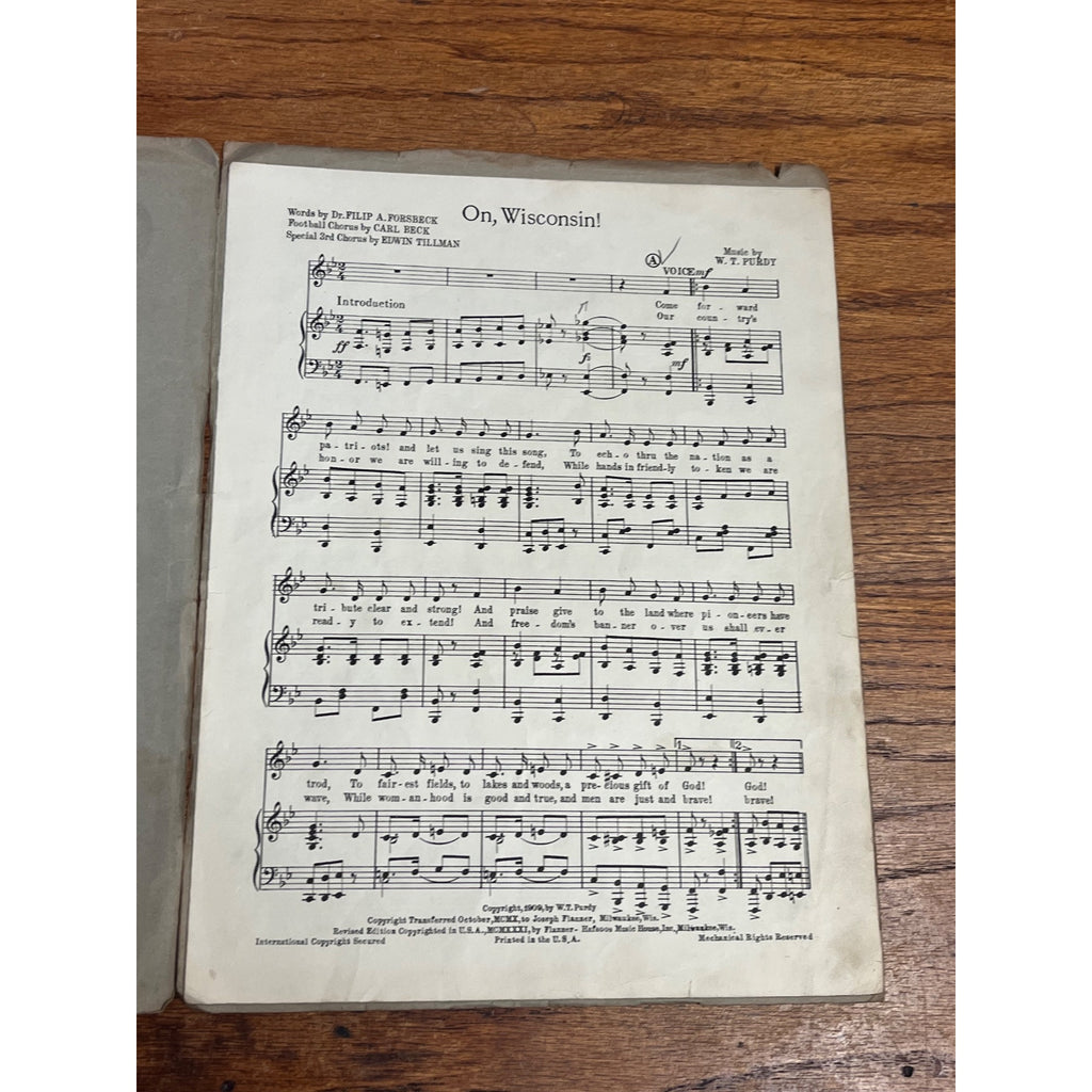 Vintage 1930s "On, Wisconsin" March Song Sheet Music Carl Beck Football UW Madison
