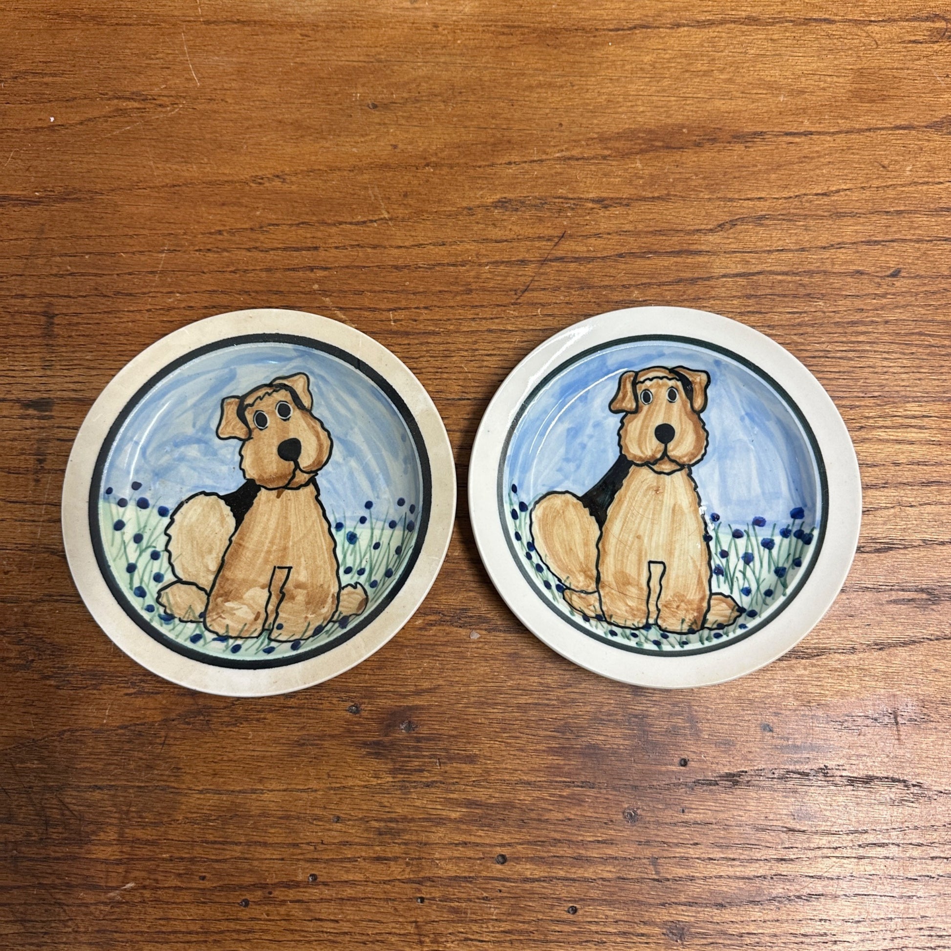 Pair (2) Karen Donleavy  Airedale Terrier Dessert Plates Ceramic Dog KD 6.75" Dia