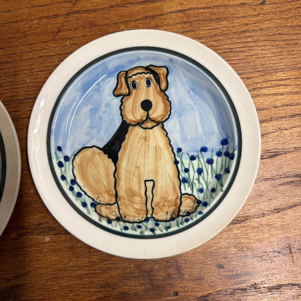 Pair (2) Karen Donleavy  Airedale Terrier Dessert Plates Ceramic Dog KD 6.75" Dia