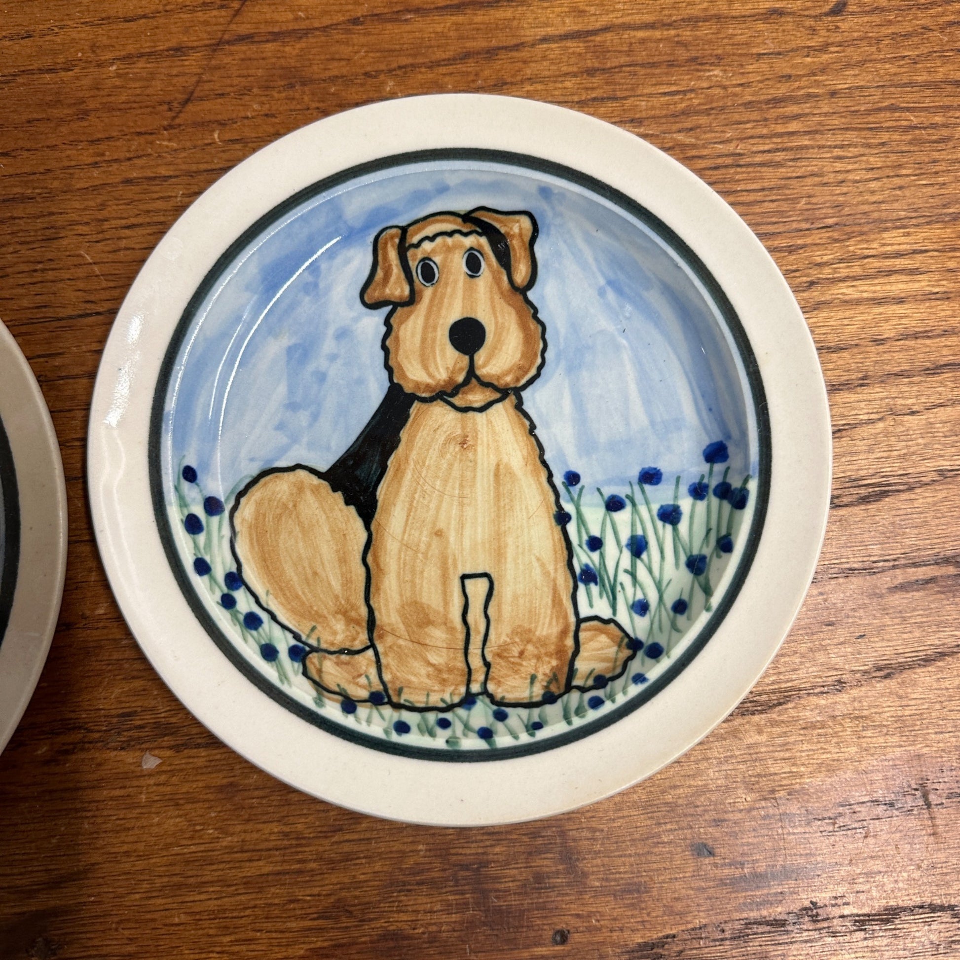 Pair (2) Karen Donleavy  Airedale Terrier Dessert Plates Ceramic Dog KD 6.75" Dia