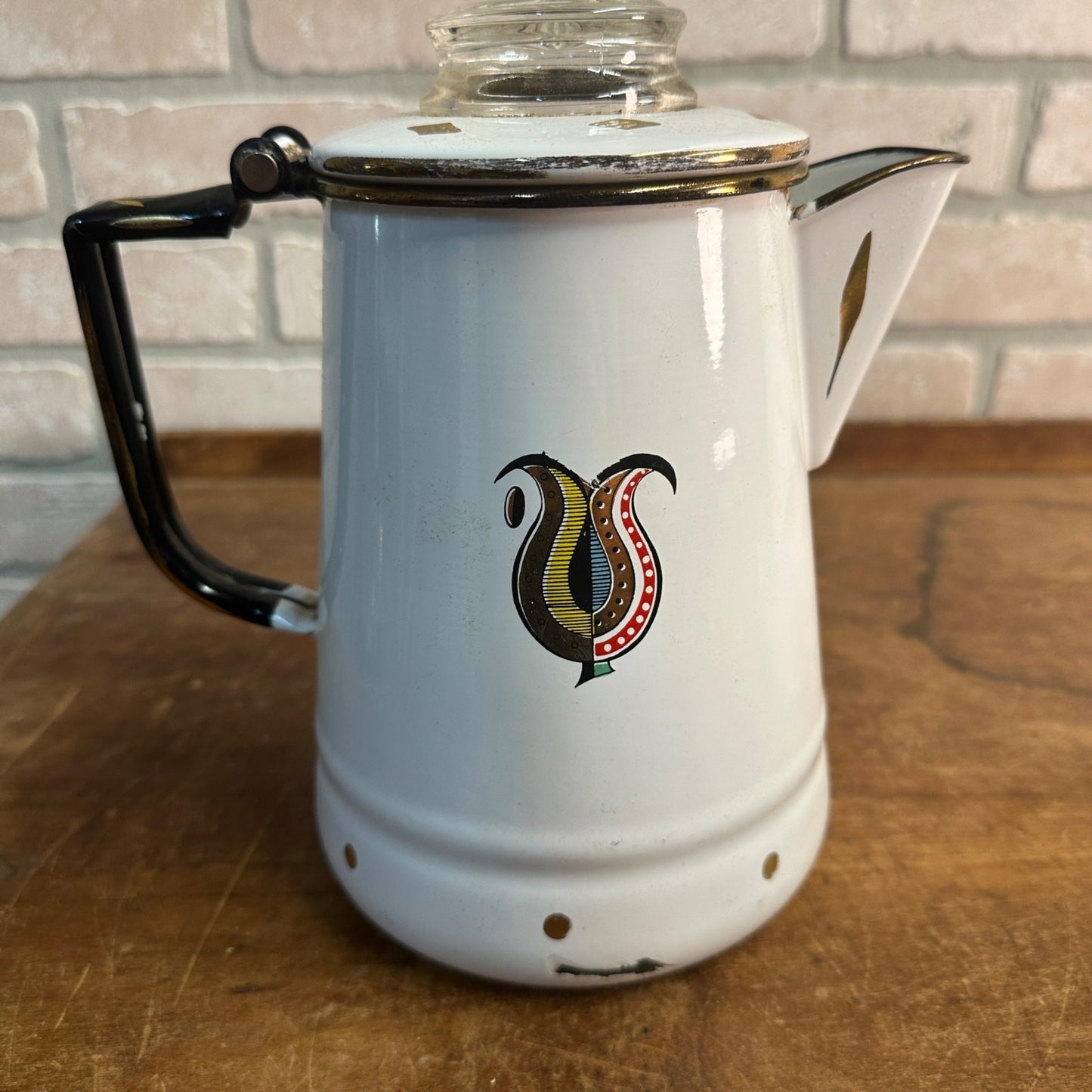 GEORGES BRIARD Vegetables Corn Chard Coffee Pot Percolator White Enamel