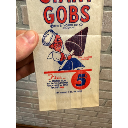 VINTAGE 1935 GIANT GOBS CANDY BAG VORTEX CUP NEW UNUSED SAILOR CARTOON CHICAGO