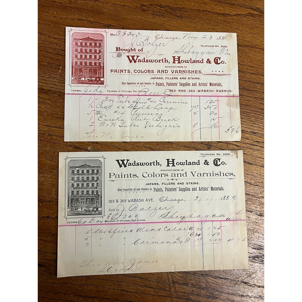 Antique 1888 Wadsworth, Howland & Co Paints Varnishes Chicago Invoice Letterhead