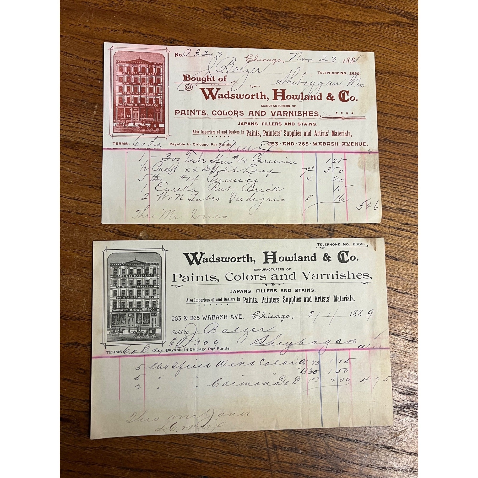 Antique 1888 Wadsworth, Howland & Co Paints Varnishes Chicago Invoice Letterhead