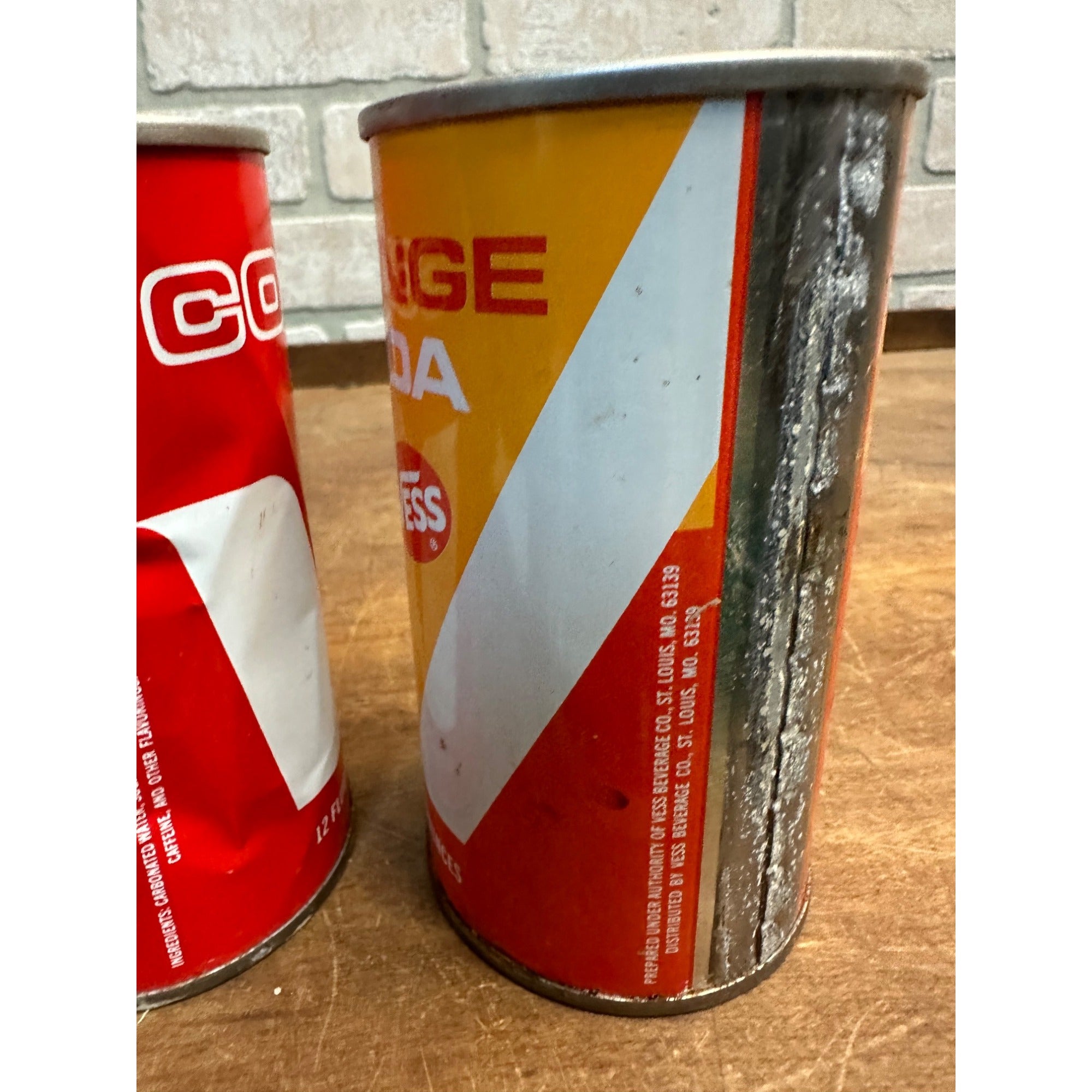 Vintage Vess Soda Pop Cans (2) Cola + Orange Steel Pull Tab Flat Top