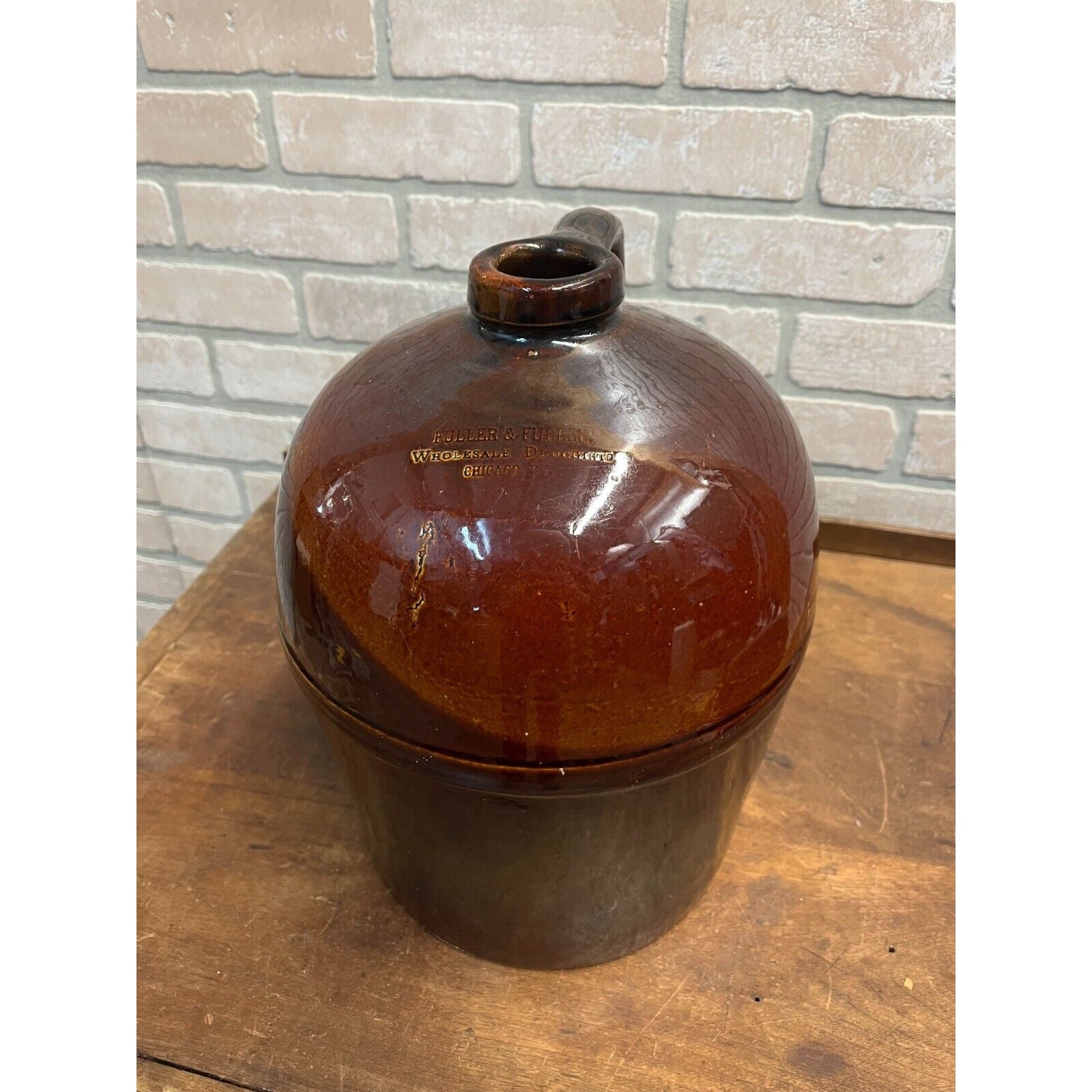 Antique 1800s Fuller & Fuller Druggists Chicago Brown Stoneware Glazed Jug