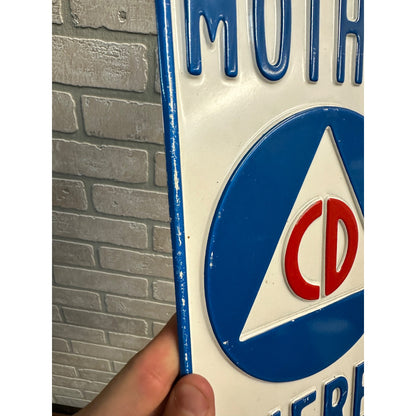 VINTAGE US CIVIL DEFENSE BLOCK MOTHER EMBOSSED STEEL SIGN COLD WAR MEMORABILIA