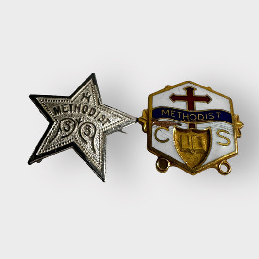 Vintage METHODIST Sterling 5-Point Star Pin + Enamel Christian Religious Lot (2) Pins