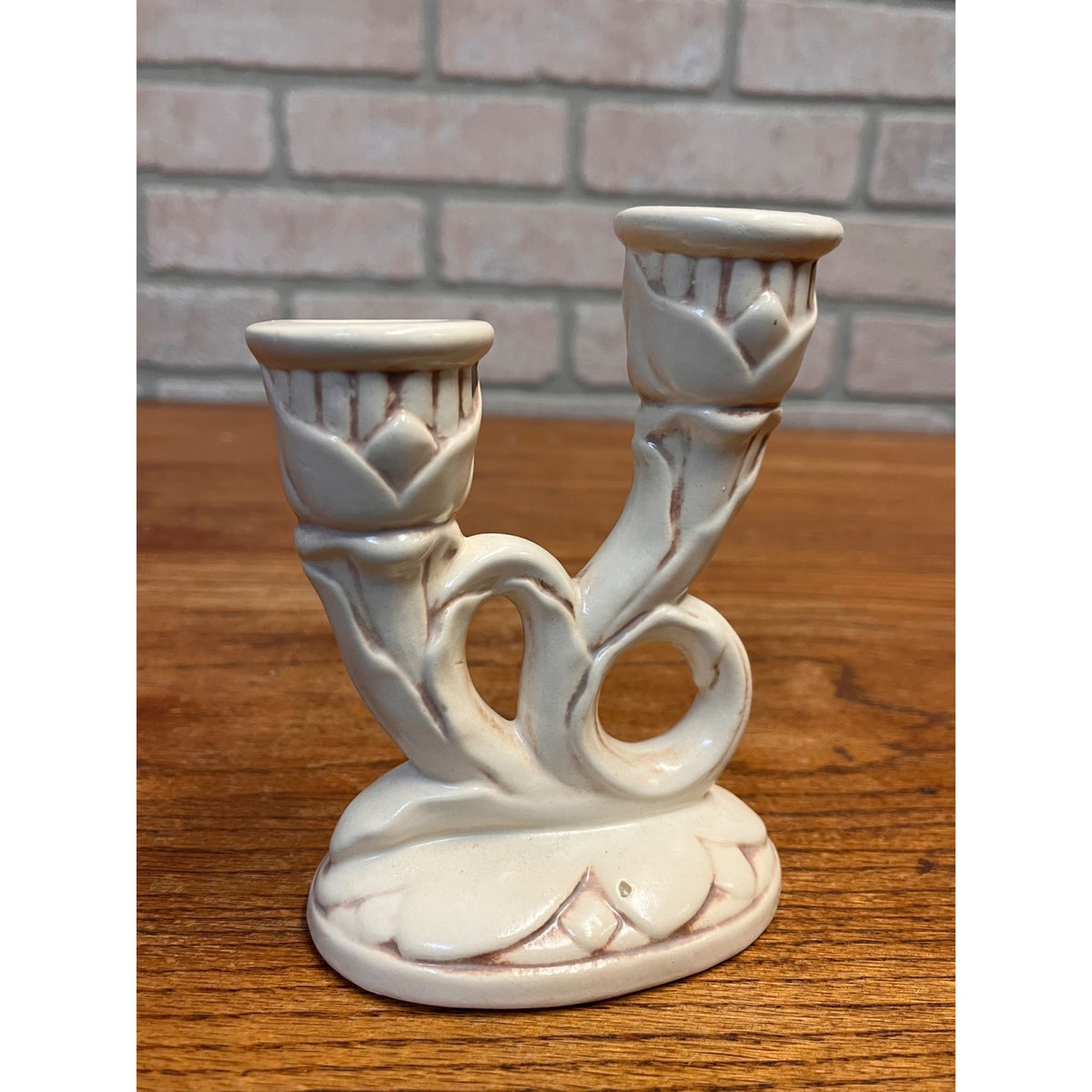 Vintage Red Wing Glazed Ceramic Pottery Double Candlestick No. 397 Organic Swirls Minnesota