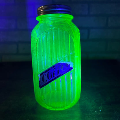 Antique 1920's Uranium Green Hoosier Canister Hocking Jar Coffee 8" Ribbed Glows