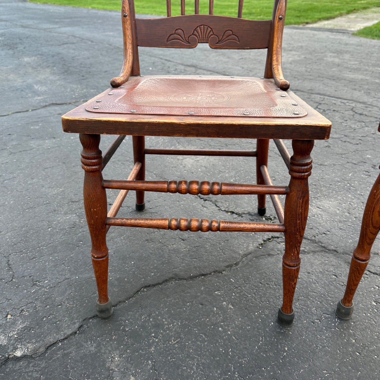 (2) Antique Oak Ornate Carved Chairs with Carved Leather Seats