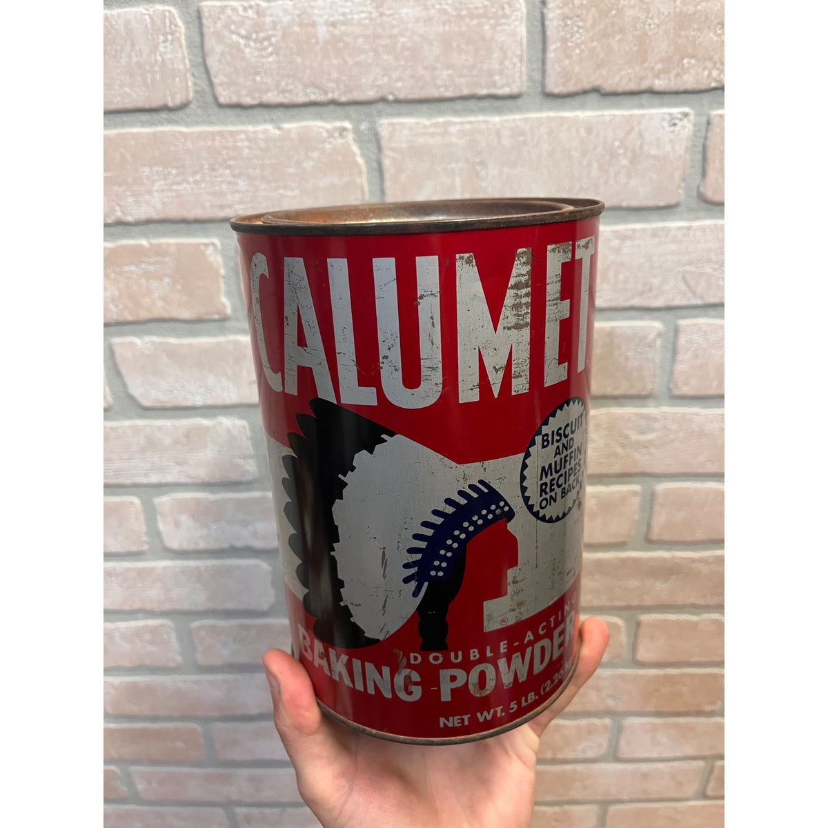 Vintage 1950s Calumet Baking Powder Tin Advertising Can Kitchen Decor 5lb Large