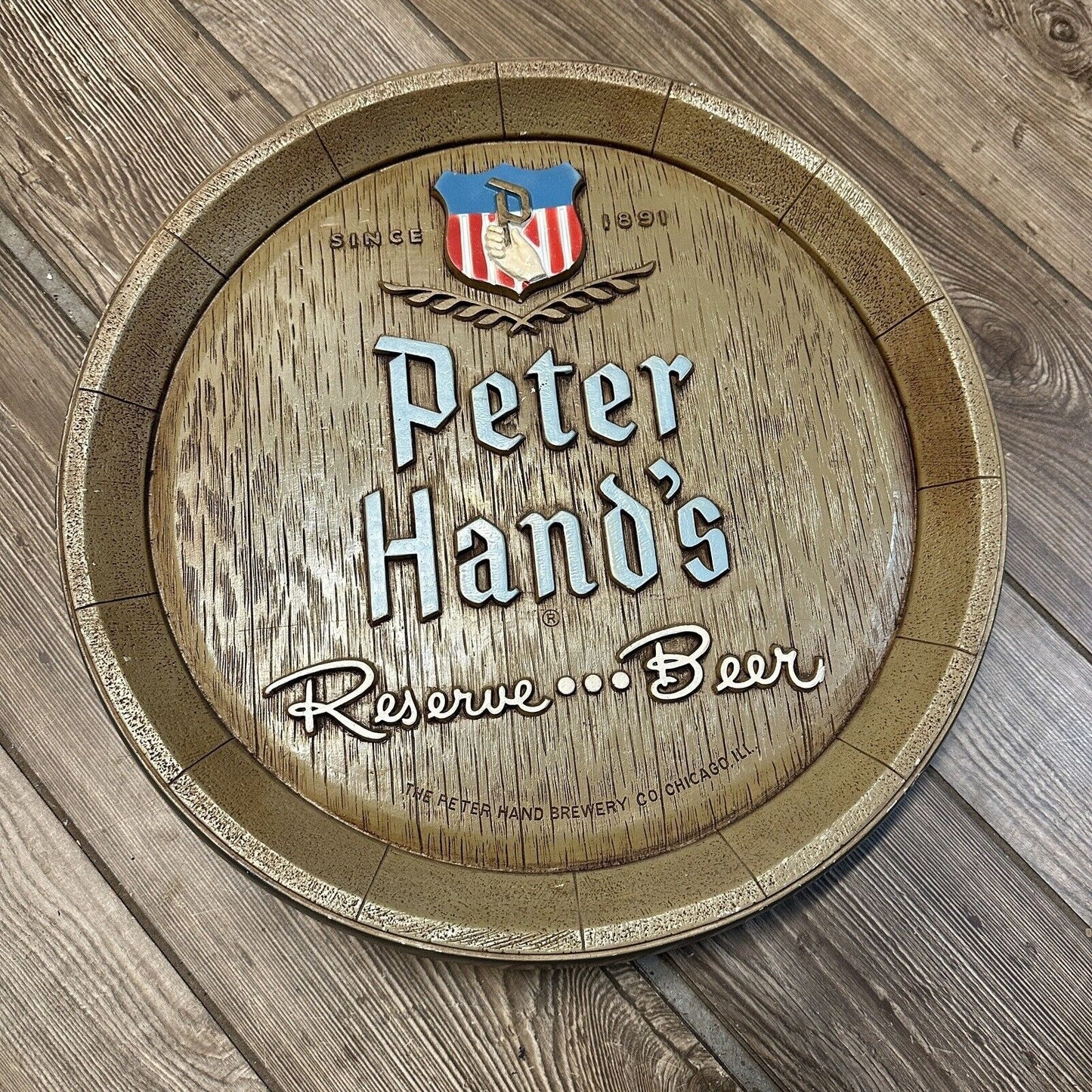 Vintage 1950s Peter Hand's Reserve Beer Chalkware Barrel Advertising Wall Sign