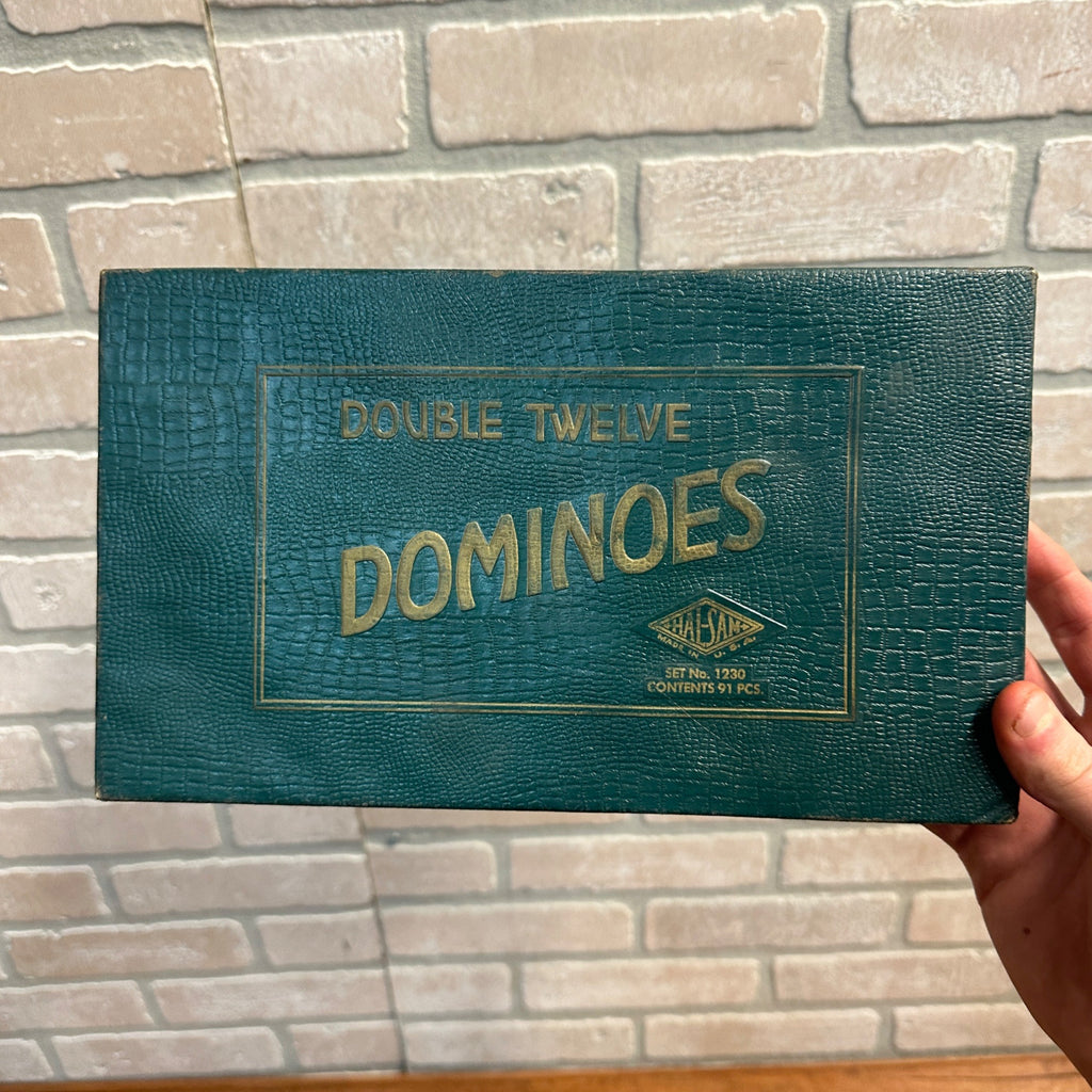 VINTAGE 1940’S DOUBLE NINE WOODEN DOMINOES - HALSAM BOX SET 920K WWII BONDS