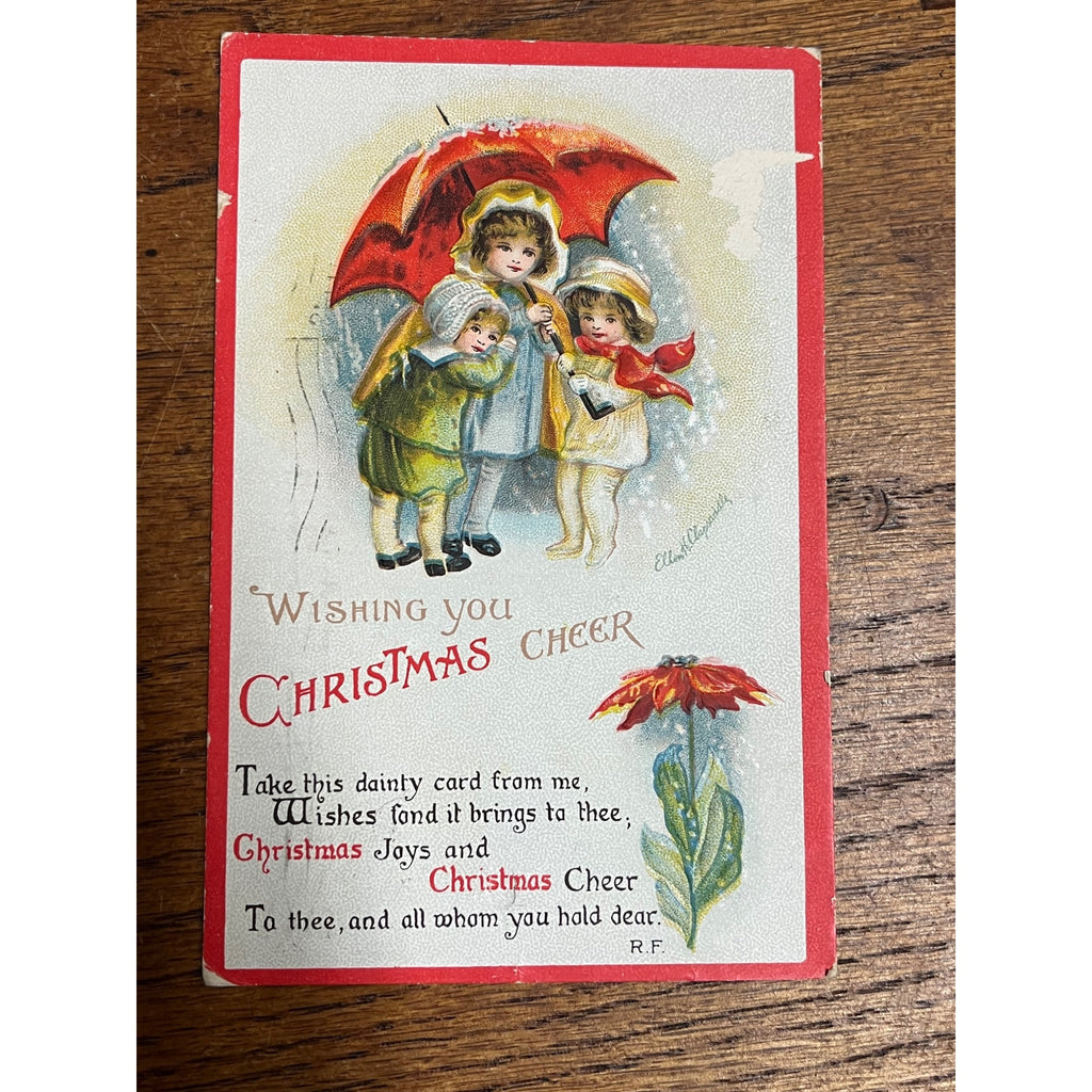 Vintage Ellen H. Clapsaddle Signed Christmas Postcard No. 1893 Umbrella Flower