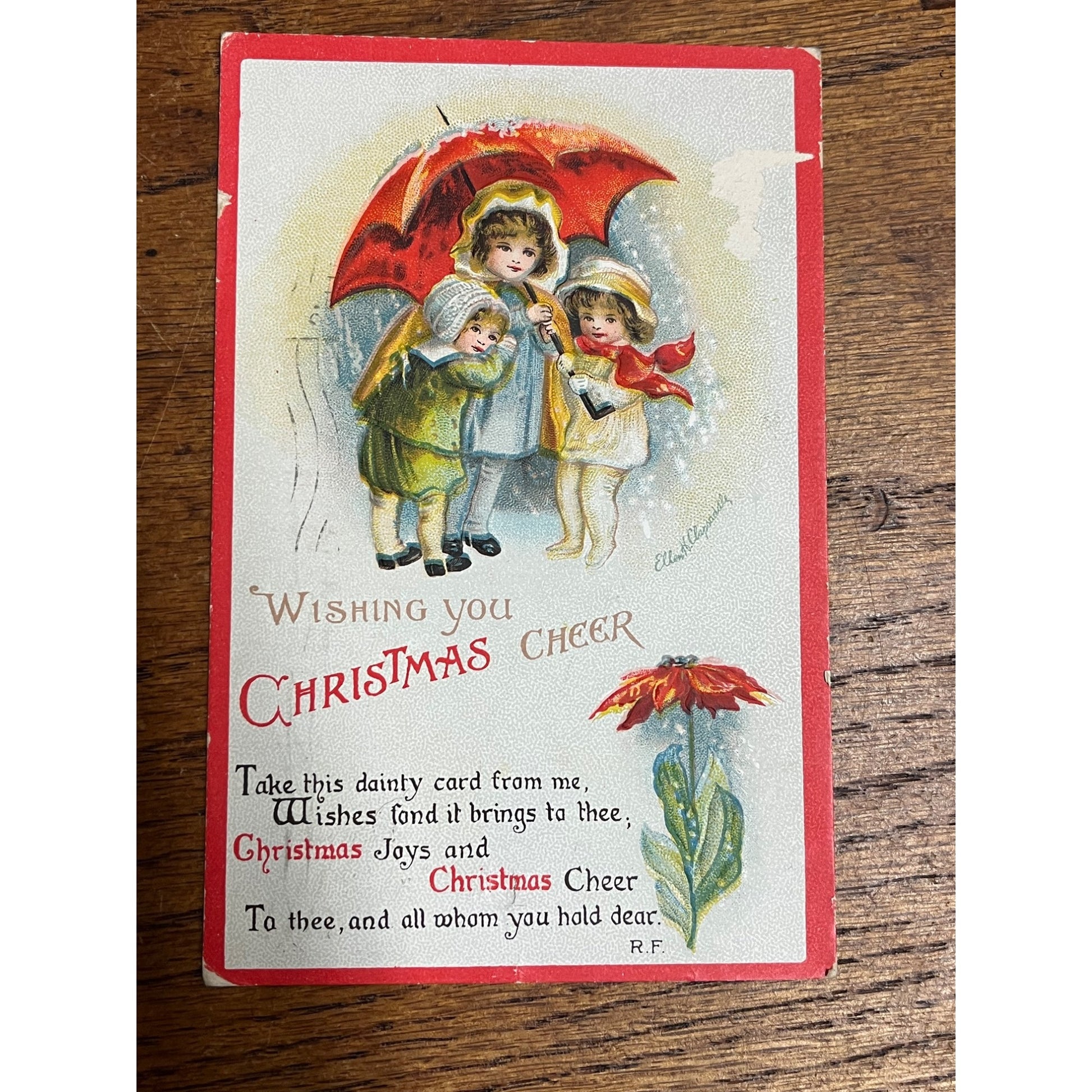 Vintage Ellen H. Clapsaddle Signed Christmas Postcard No. 1893 Umbrella Flower
