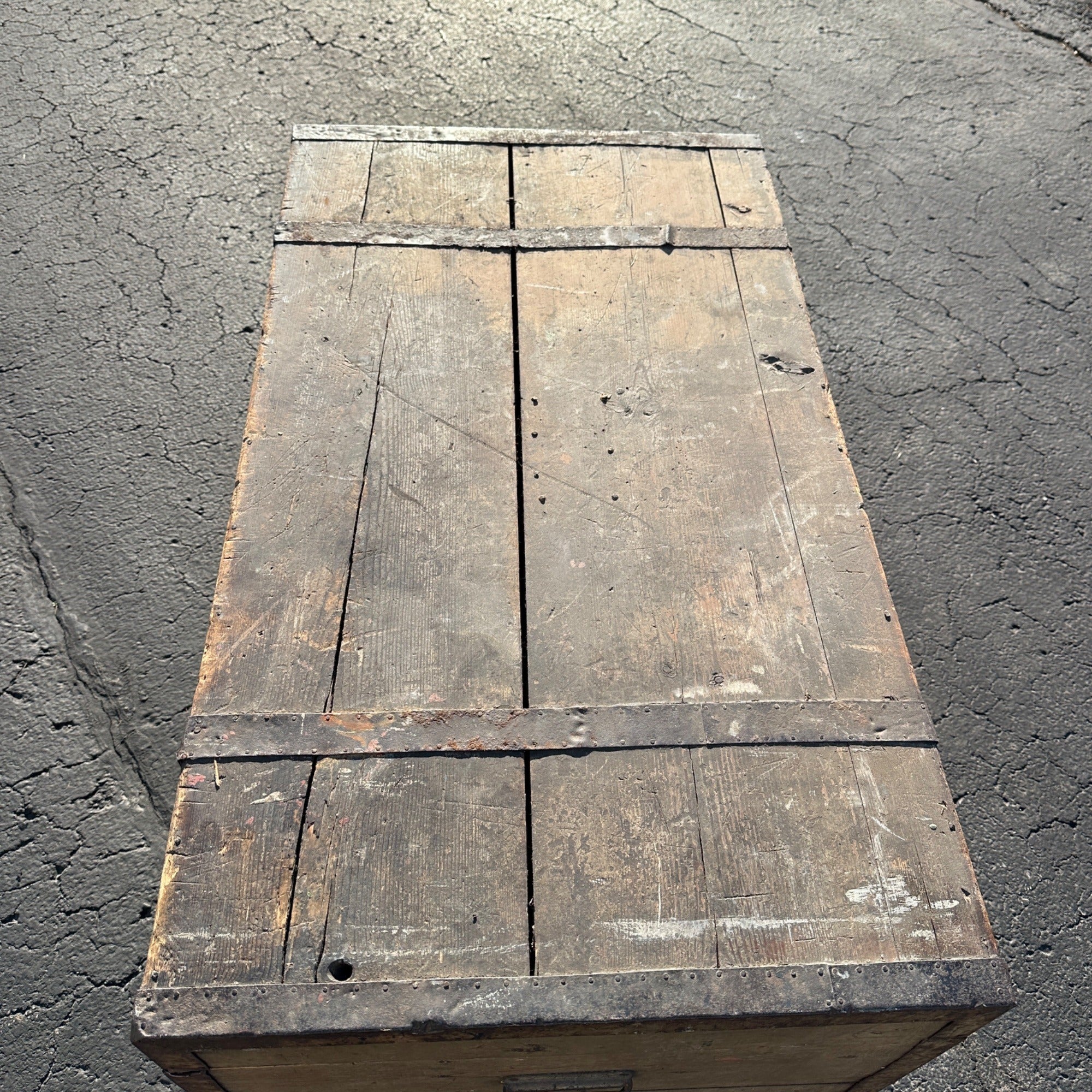 Antique Large Primitive Trunk Chest Gray Off-White Coffee Table Immigrant