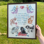 Vintage Needlepoint Sampler Kittens Cats Dogs Angels Framed