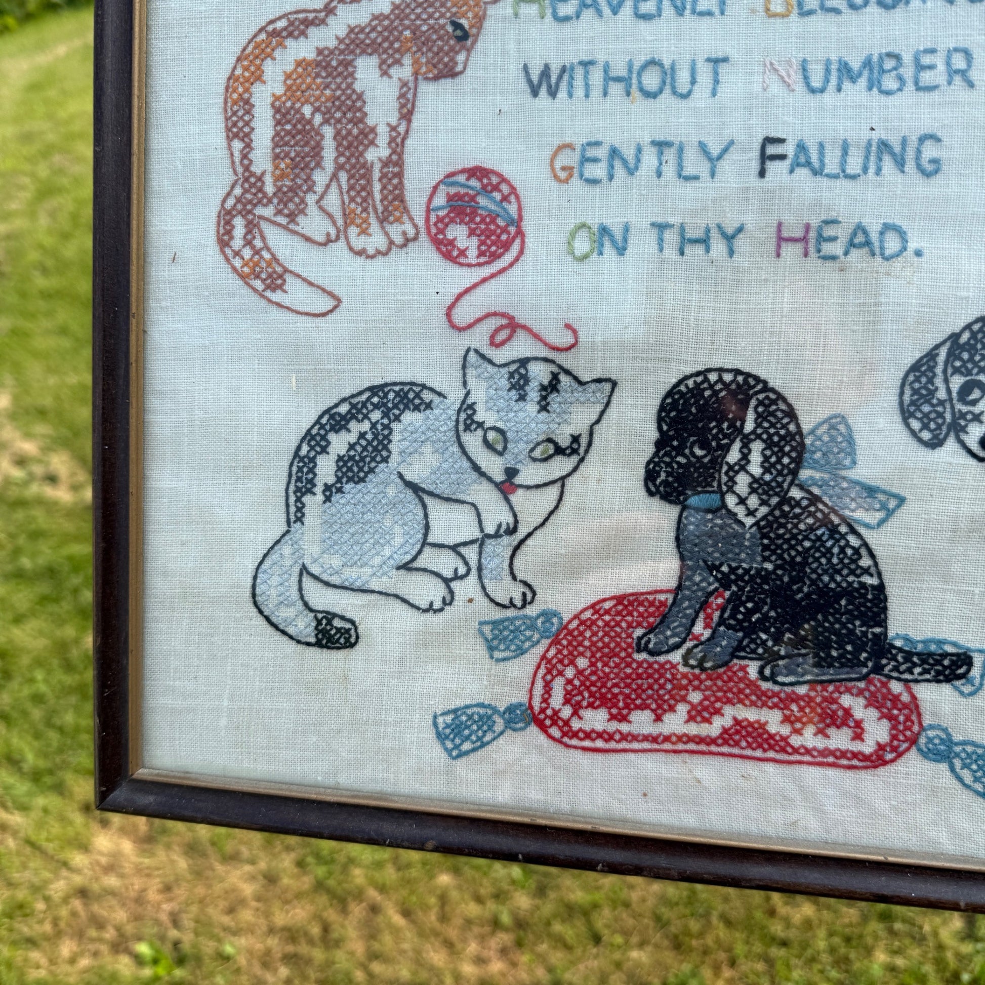 Vintage Needlepoint Sampler Kittens Cats Dogs Angels Framed