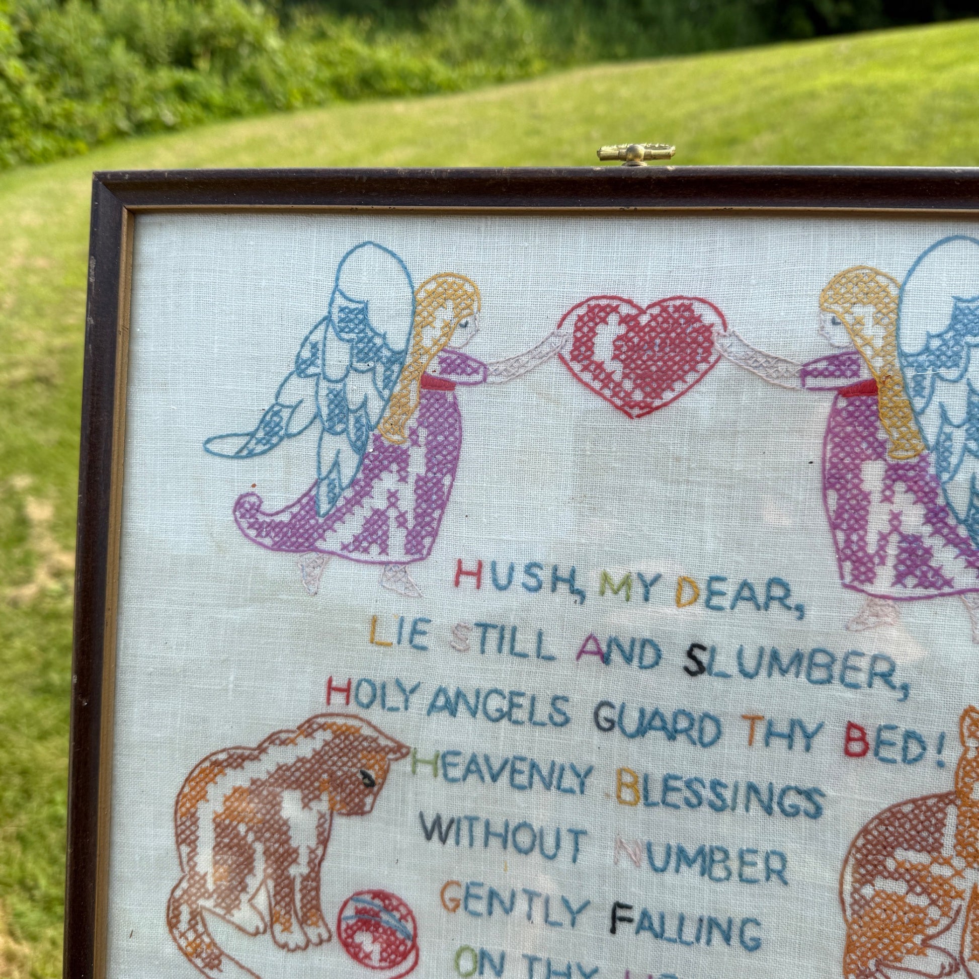 Vintage Needlepoint Sampler Kittens Cats Dogs Angels Framed